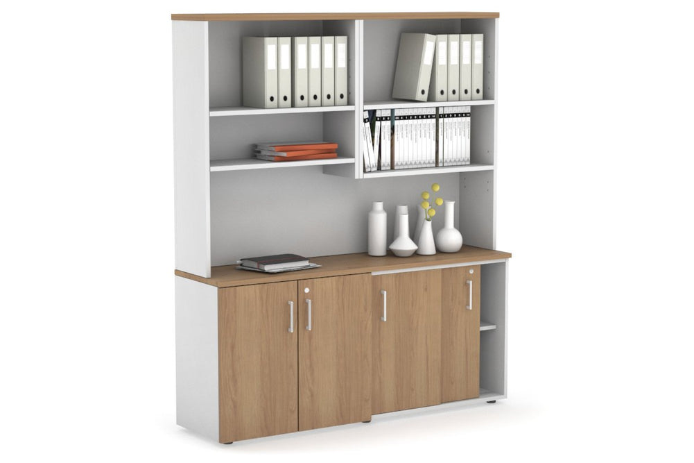 Uniform Sliding 2 Door Credenza and Small 2 Door Cupboard Unit with Open Hutch-Black dark oak black handle