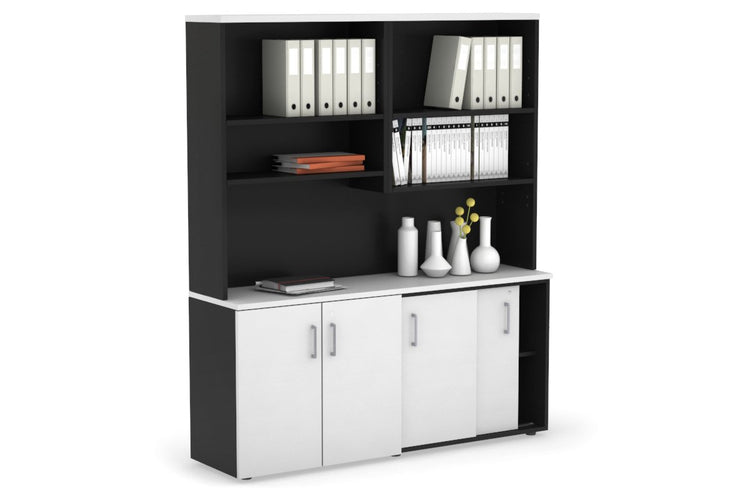 Uniform Sliding 2 Door Credenza and Small 2 Door Cupboard Unit with Open Hutch Jasonl 