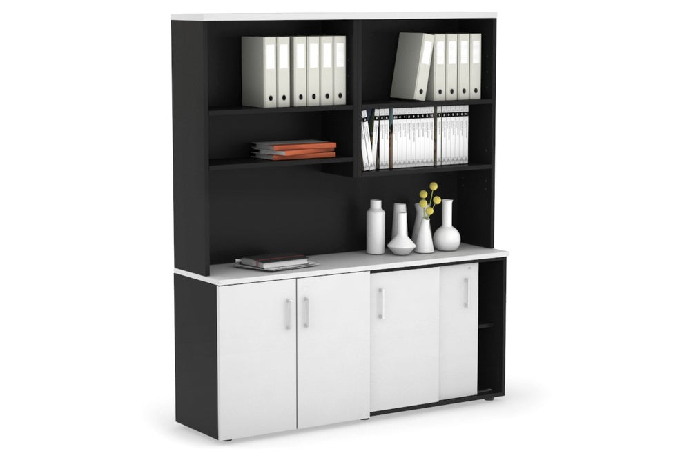 Uniform Sliding 2 Door Credenza and Small 2 Door Cupboard Unit with Open Hutch-Black dark oak black handle
