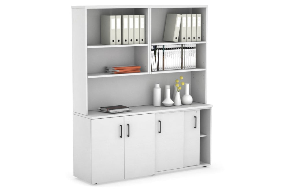Uniform Sliding 2 Door Credenza and Small 2 Door Cupboard Unit with Open Hutch-White white black handle