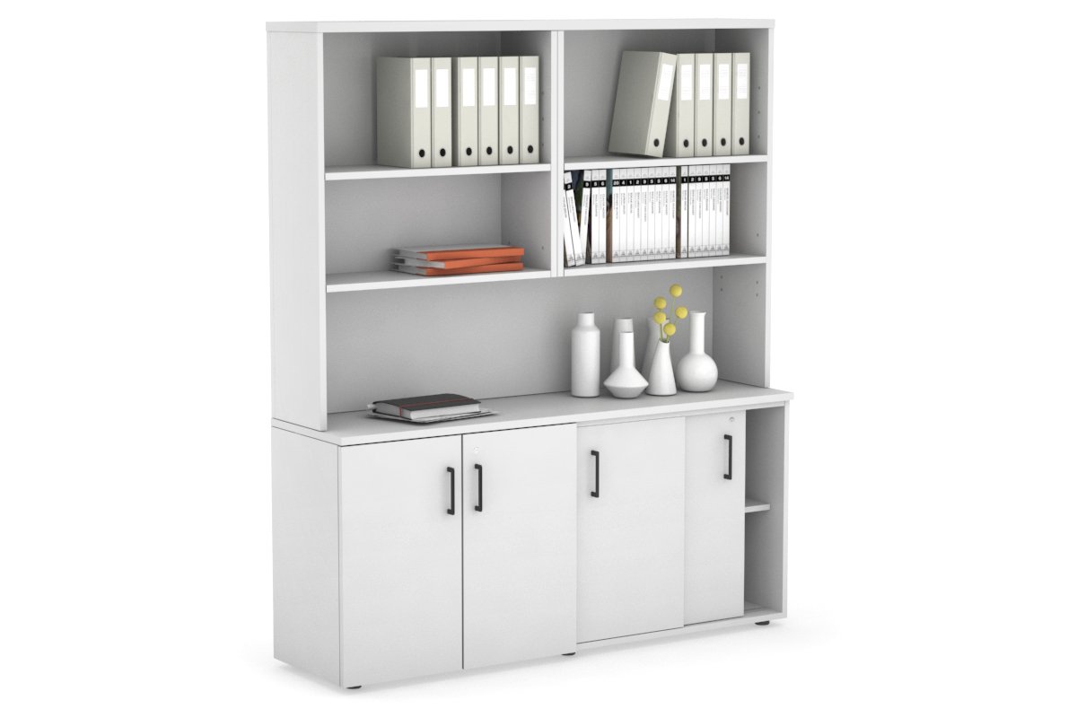 Uniform Sliding 2 Door Credenza and Small 2 Door Cupboard Unit with Open Hutch Jasonl White white black handle