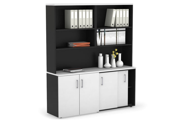 Uniform Sliding 2 Door Credenza and Small 2 Door Cupboard Unit with Open Hutch Jasonl Black white silver handle