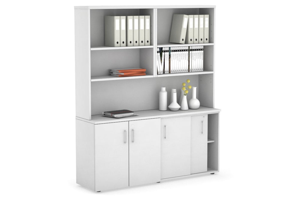 Uniform Sliding 2 Door Credenza and Small 2 Door Cupboard Unit with Open Hutch-White white white handle