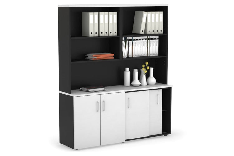 Uniform Sliding 2 Door Credenza and Small 2 Door Cupboard Unit with Open Hutch Jasonl Black white white handle