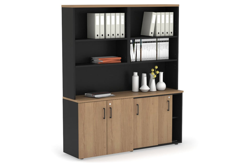 Uniform Sliding 2 Door Credenza and Small 2 Door Cupboard Unit with Open Hutch-Black salvage oak black handle