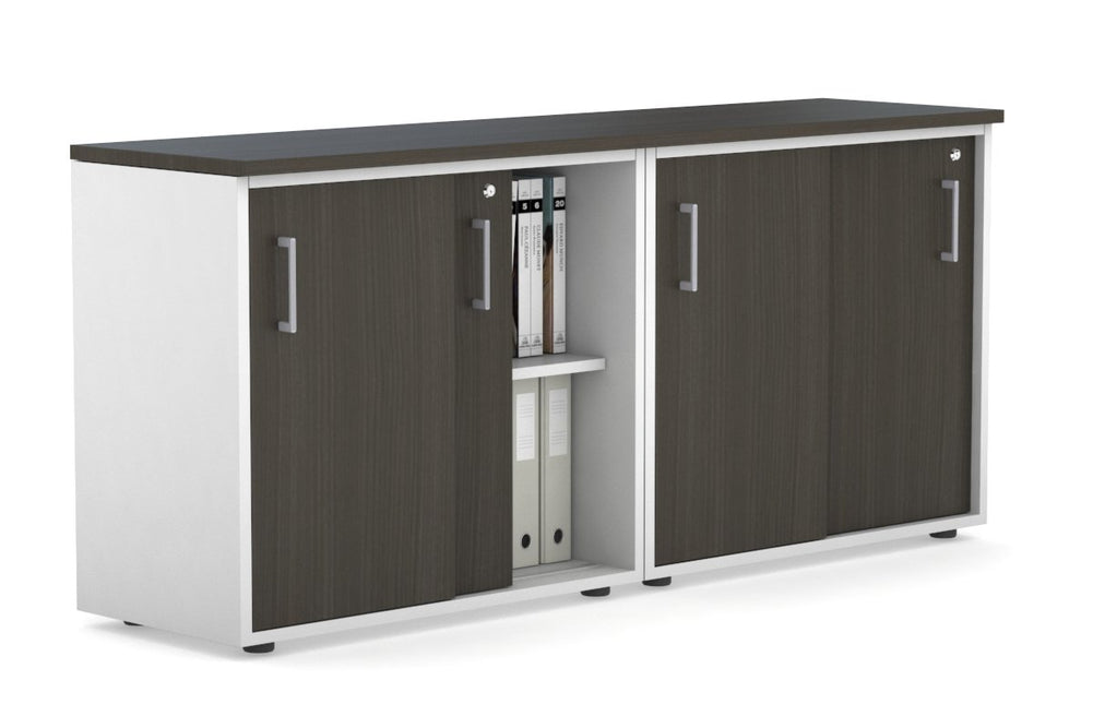 Uniform Sliding Door Credenza [1600W x 750H x 450D]-White dark oak silver handle
