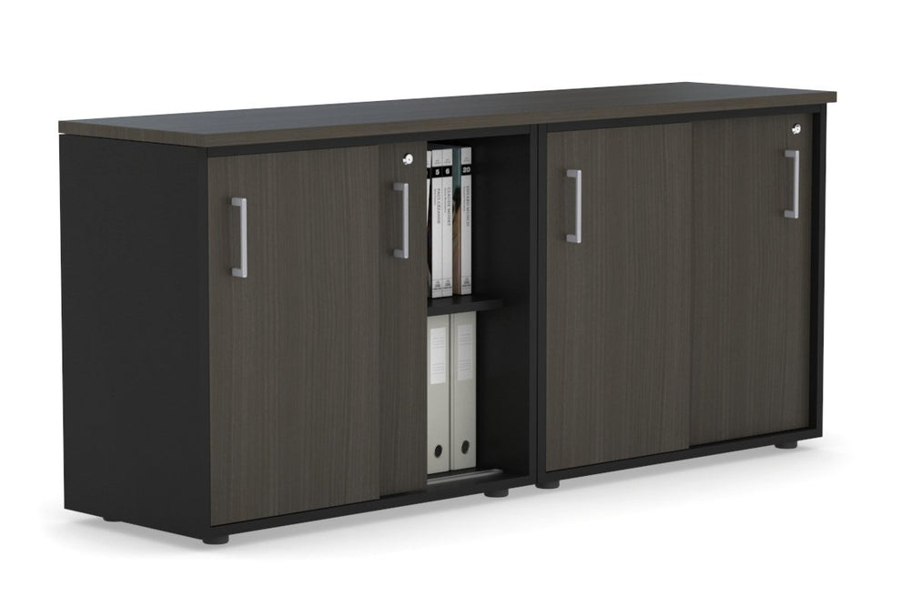 Uniform Sliding Door Credenza [1600W x 750H x 450D]-Black dark oak silver handle