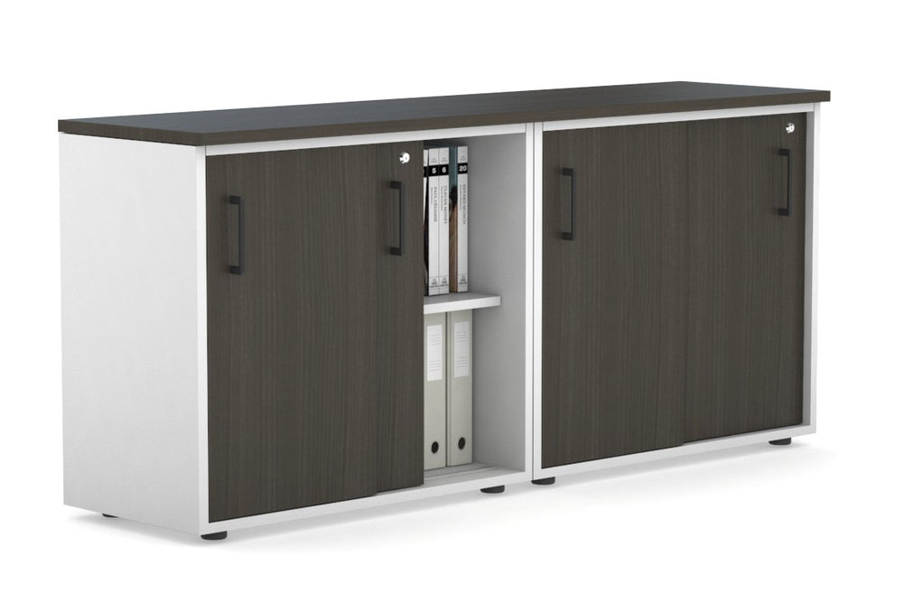 Uniform Sliding Door Credenza [1600W x 750H x 450D]-White dark oak black handle