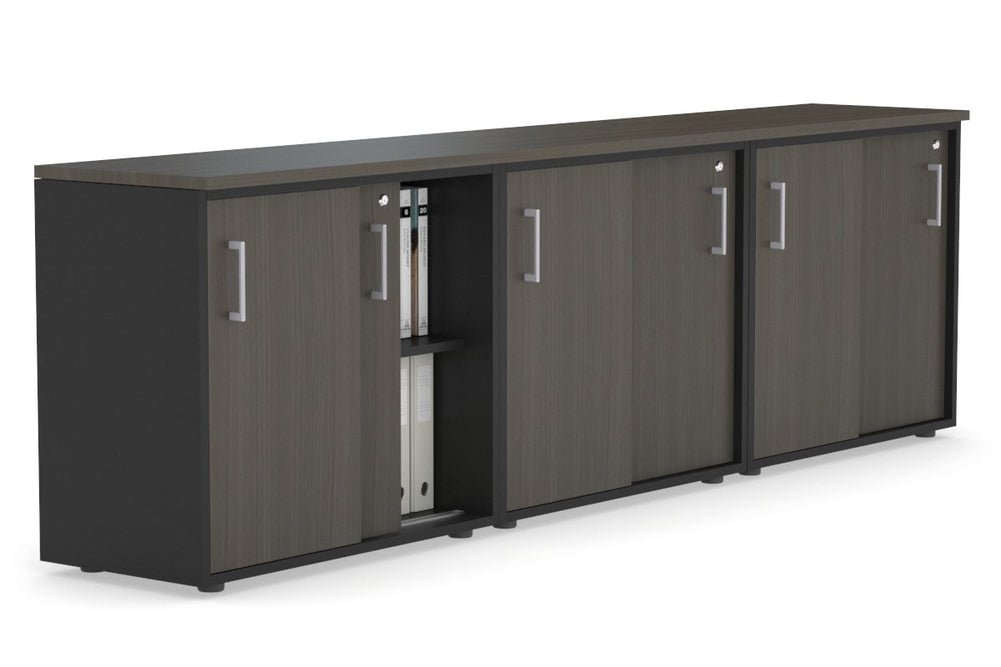 Uniform Sliding Door Credenza [2400W x 750H x 450D]-Black dark oak silver handle