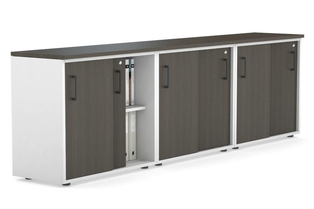 Uniform Sliding Door Credenza [2400W x 750H x 450D]-White dark oak black handle