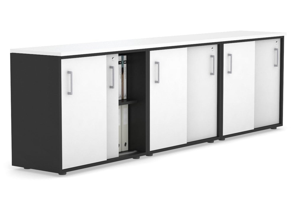 Uniform Sliding Door Credenza [2400W x 750H x 450D]-Black white silver handle