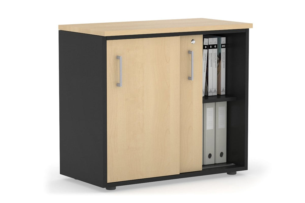Uniform Sliding Door Credenza [800W x 750H x 450D]-Black maple silver handle