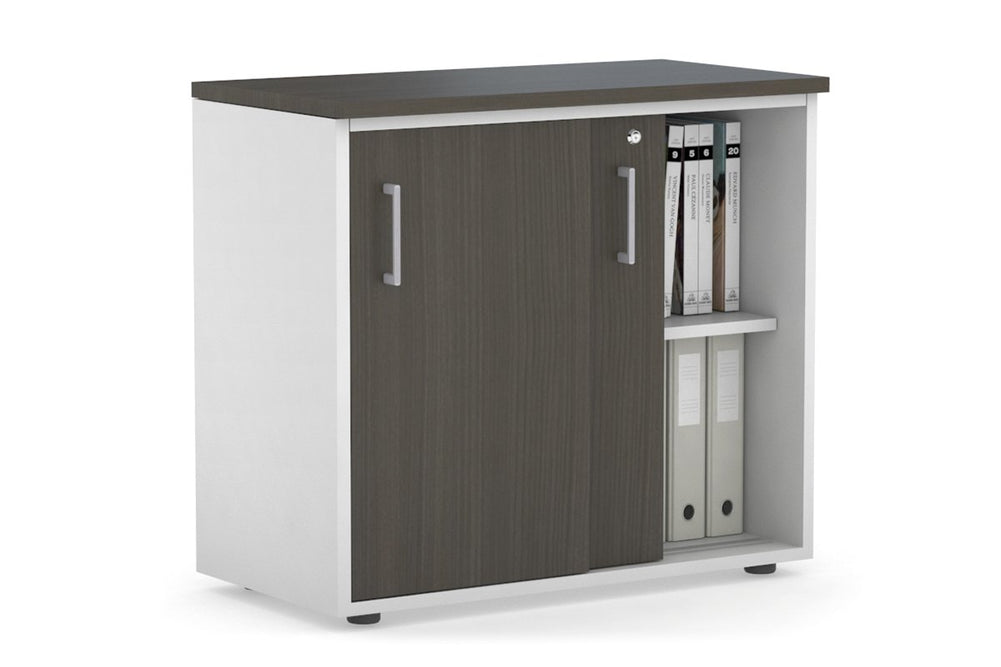 Uniform Sliding Door Credenza [800W x 750H x 450D]-White dark oak silver handle
