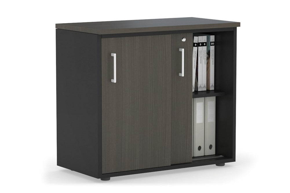Uniform Sliding Door Credenza [800W x 750H x 450D]-Black dark oak white handle