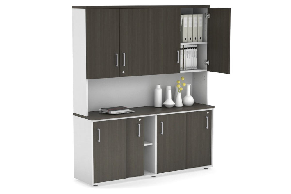 Uniform Sliding Door Credenza - Hutch with Doors [1600W x 750H x 450D]-White dark oak silver handle