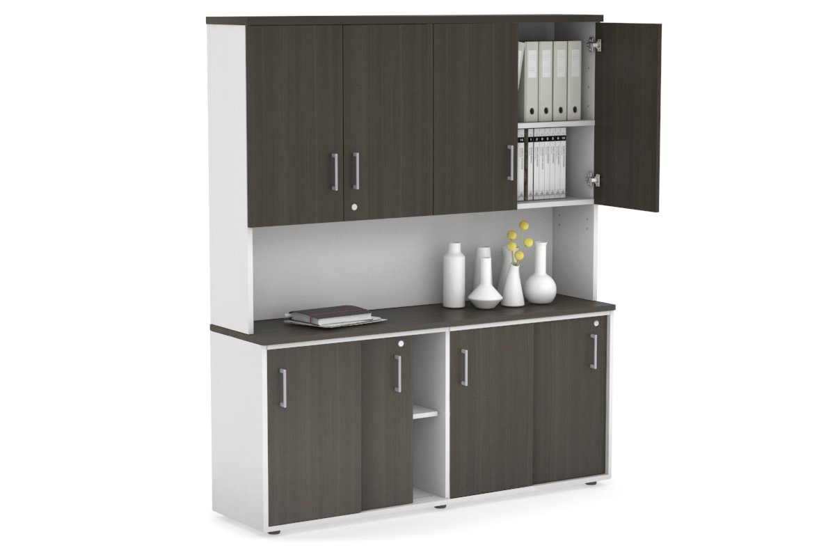 Uniform Sliding Door Credenza - Hutch with Doors [1600W x 750H x 450D] Jasonl White dark oak silver handle