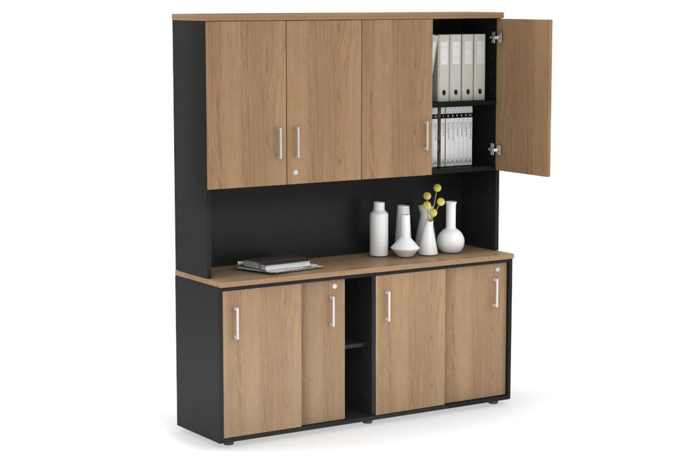 Uniform Sliding Door Credenza - Hutch with Doors [1600W x 750H x 450D]-Black salvage oak white handle