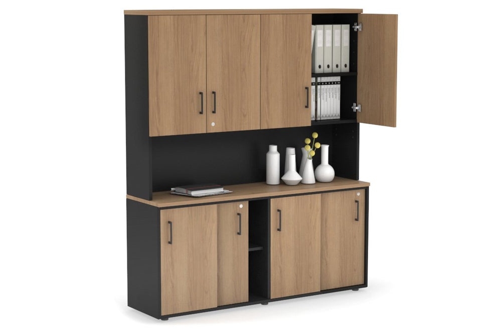 Uniform Sliding Door Credenza - Hutch with Doors [1600W x 750H x 450D]-Black salvage oak black handle