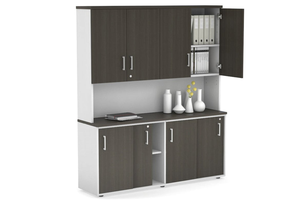 Uniform Sliding Door Credenza - Hutch with Doors [1600W x 750H x 450D]-White dark oak white handle