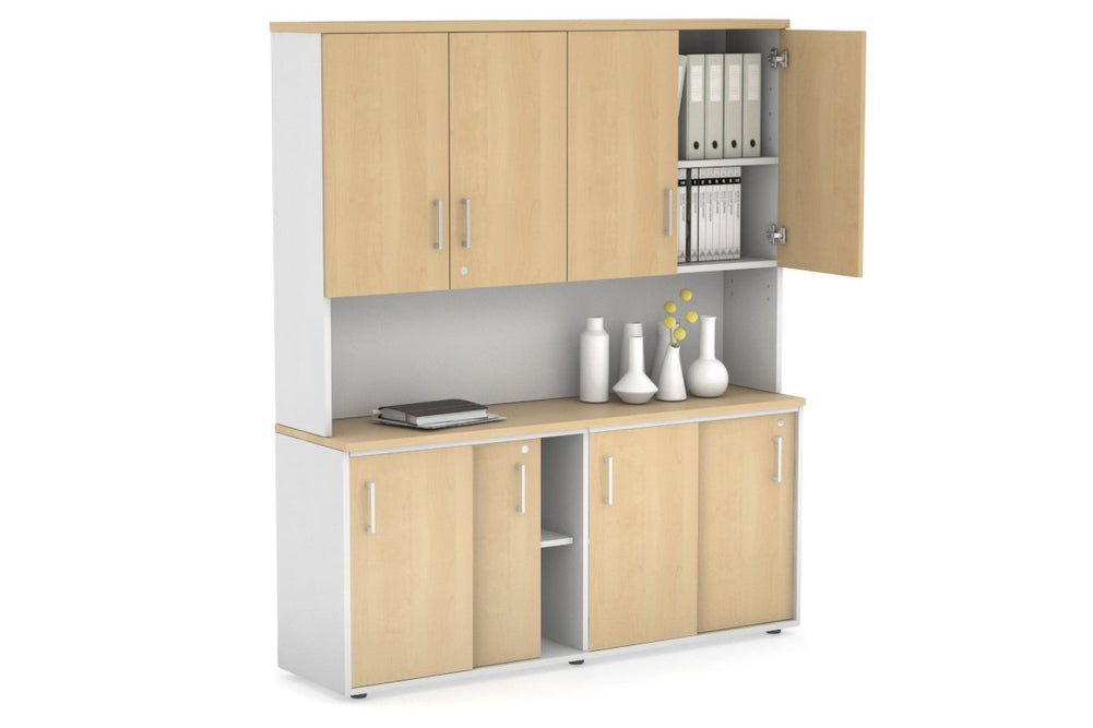 Uniform Sliding Door Credenza - Hutch with Doors [1600W x 750H x 450D]-White maple white handle