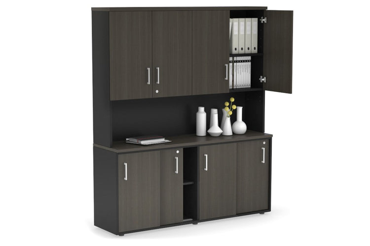 Uniform Sliding Door Credenza - Hutch with Doors [1600W x 750H x 450D] Jasonl Black dark oak white handle