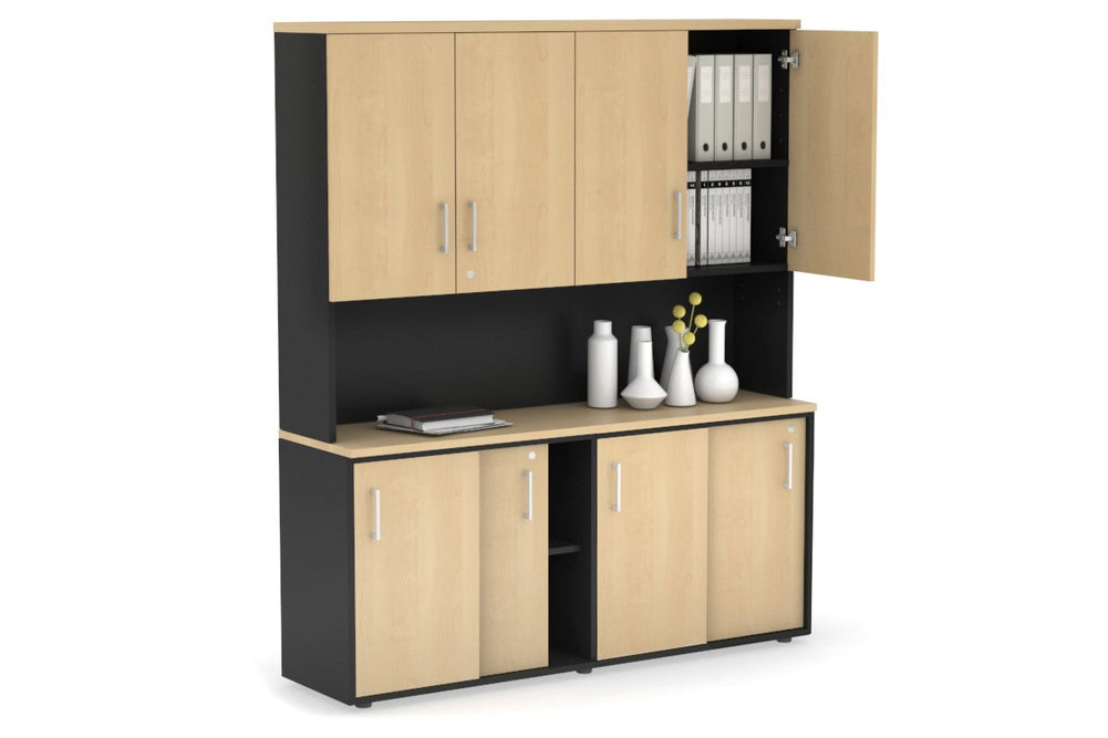 Uniform Sliding Door Credenza - Hutch with Doors [1600W x 750H x 450D]-Black maple white handle