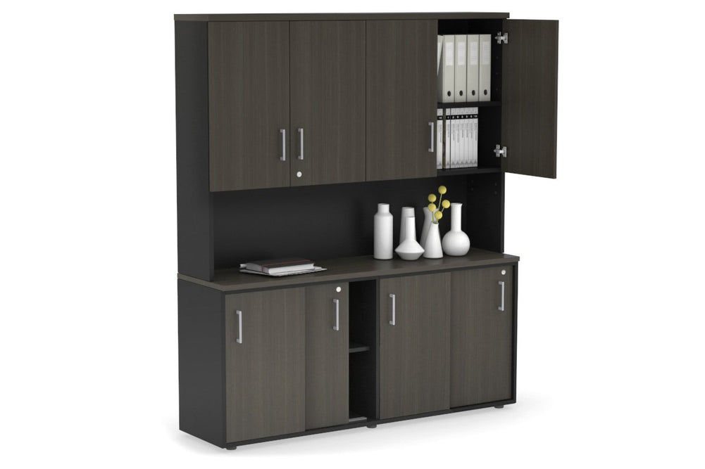 Uniform Sliding Door Credenza - Hutch with Doors [1600W x 750H x 450D]-Black dark oak silver handle
