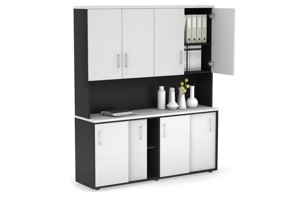 Uniform Sliding Door Credenza - Hutch with Doors [1600W x 750H x 450D]-Black white white handle