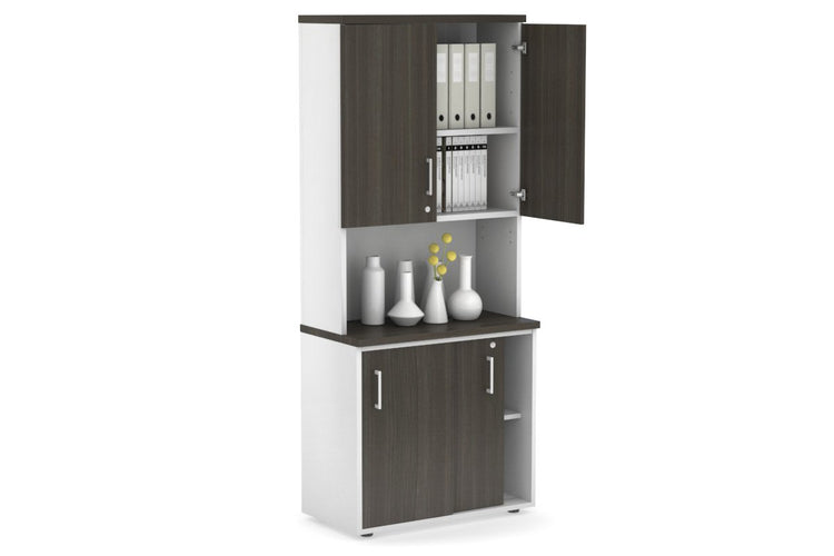 Uniform Sliding Door Credenza - Hutch with Doors [800W x 750H x 450D] Jasonl White dark oak white handle