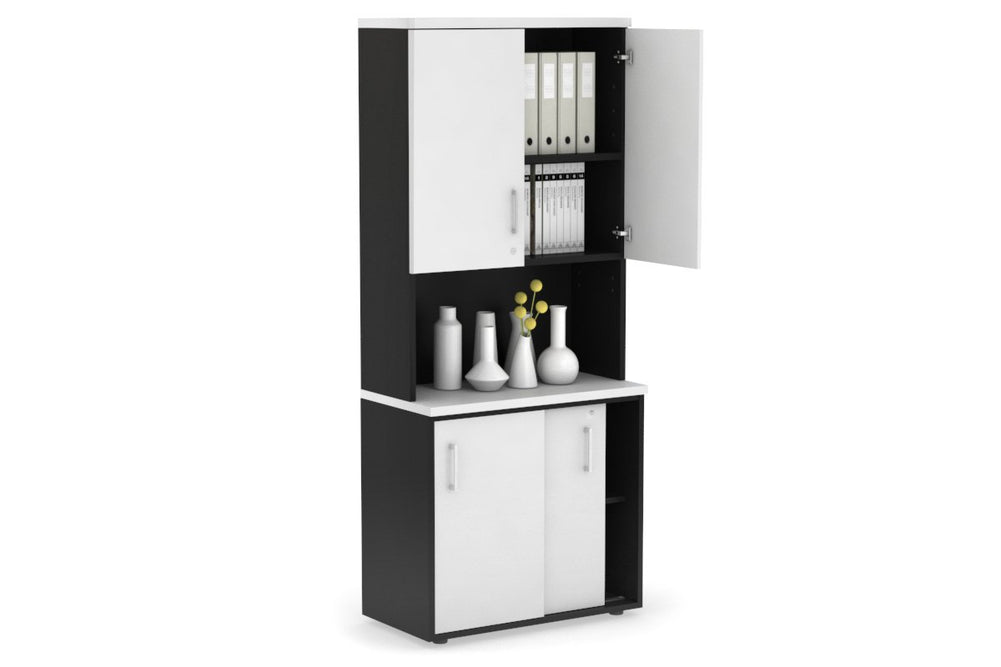Uniform Sliding Door Credenza - Hutch with Doors [800W x 750H x 450D]-Black white white handle
