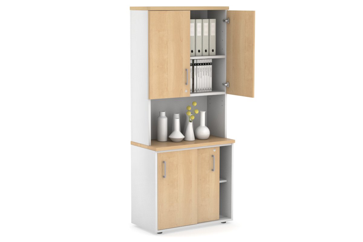 Uniform Sliding Door Credenza - Hutch with Doors [800W x 750H x 450D] Jasonl White maple silver handle