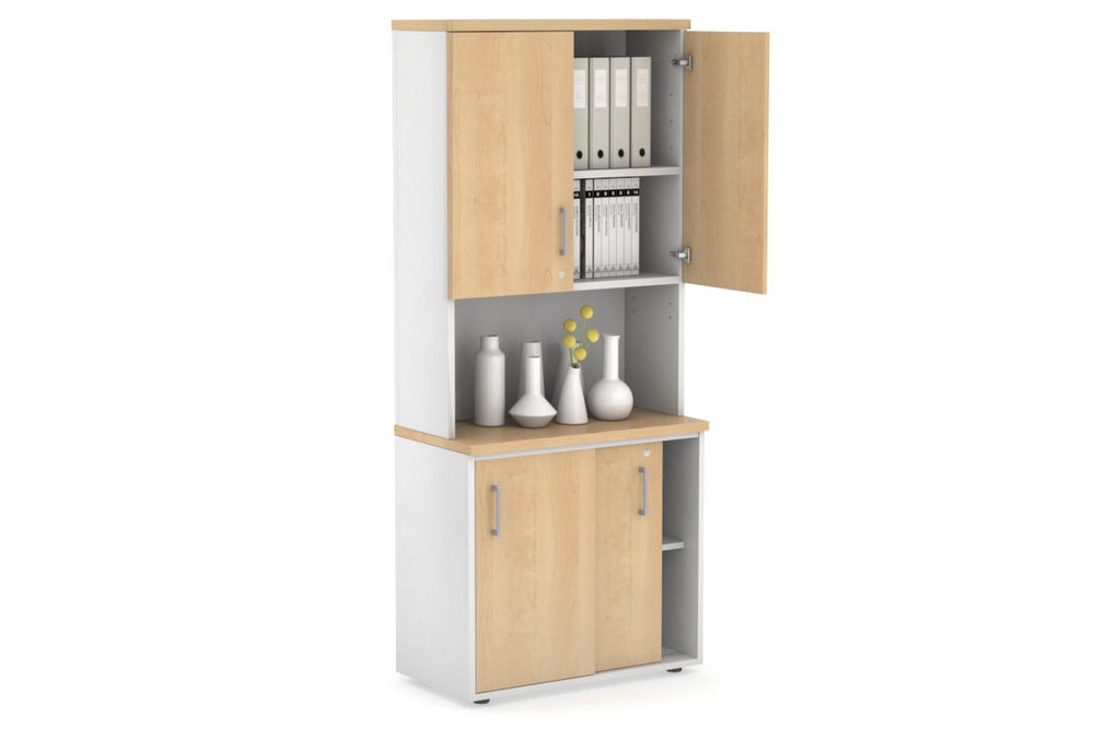 Uniform Sliding Door Credenza - Hutch with Doors [800W x 750H x 450D]-White maple silver handle