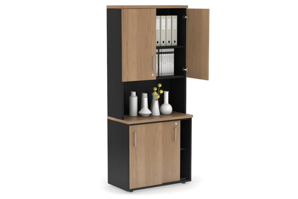 Uniform Sliding Door Credenza - Hutch with Doors [800W x 750H x 450D]-Black salvage oak silver handle