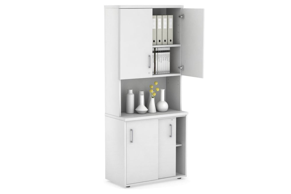 Uniform Sliding Door Credenza - Hutch with Doors [800W x 750H x 450D]-White white silver handle