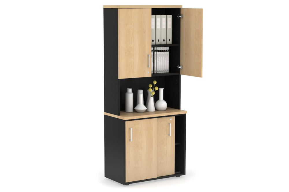 Uniform Sliding Door Credenza - Hutch with Doors [800W x 750H x 450D]-Black maple white handle
