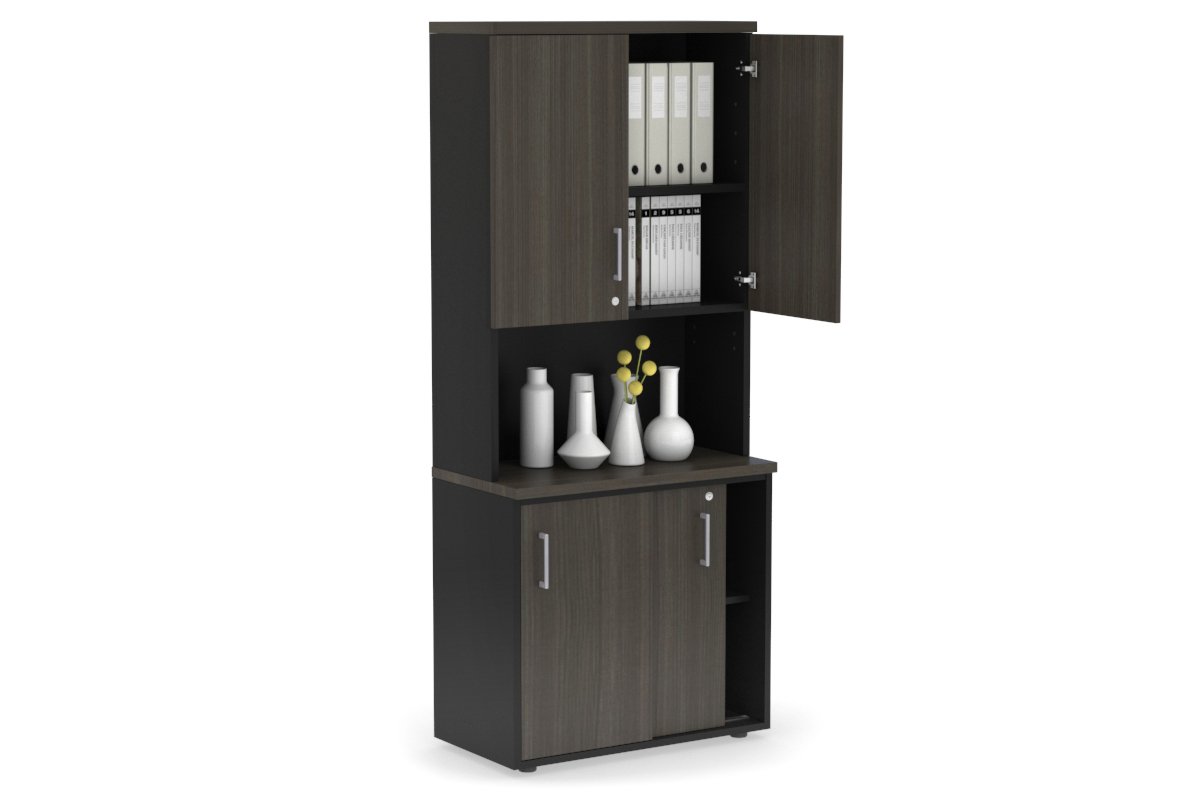 Uniform Sliding Door Credenza - Hutch with Doors [800W x 750H x 450D] Jasonl Black dark oak silver handle
