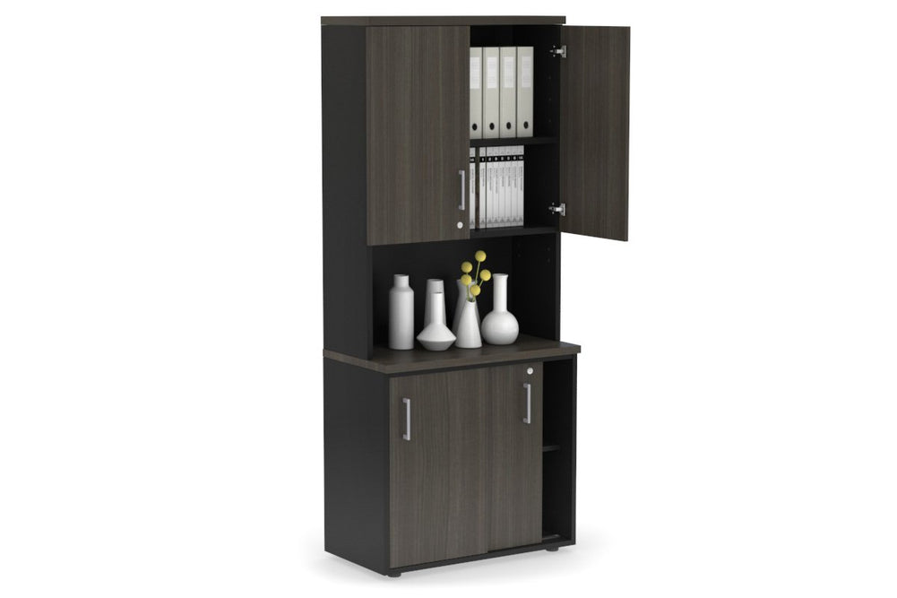 Uniform Sliding Door Credenza - Hutch with Doors [800W x 750H x 450D]-Black dark oak silver handle