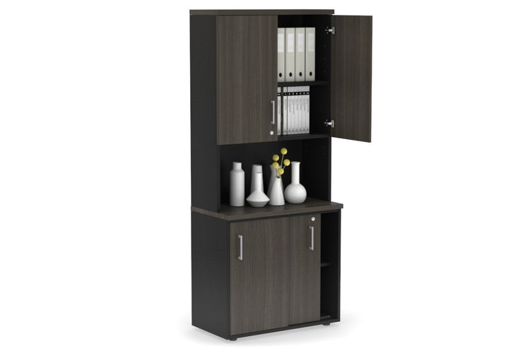 Uniform Sliding Door Credenza - Hutch with Doors [800W x 750H x 450D] Jasonl Black dark oak silver handle