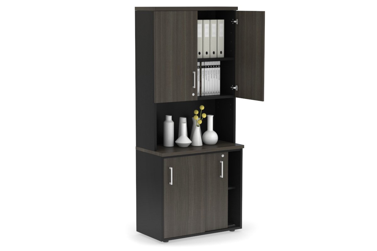 Uniform Sliding Door Credenza - Hutch with Doors [800W x 750H x 450D] Jasonl Black dark oak white handle