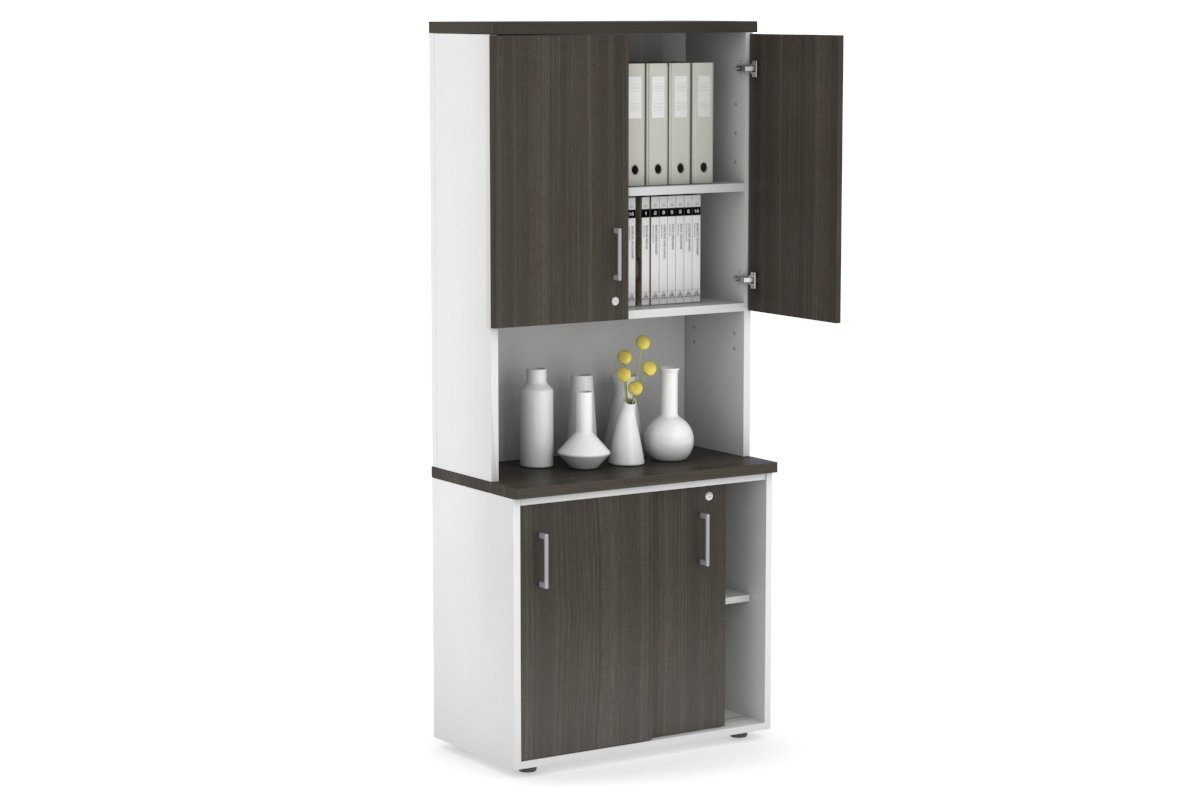 Uniform Sliding Door Credenza - Hutch with Doors [800W x 750H x 450D] Jasonl White dark oak silver handle