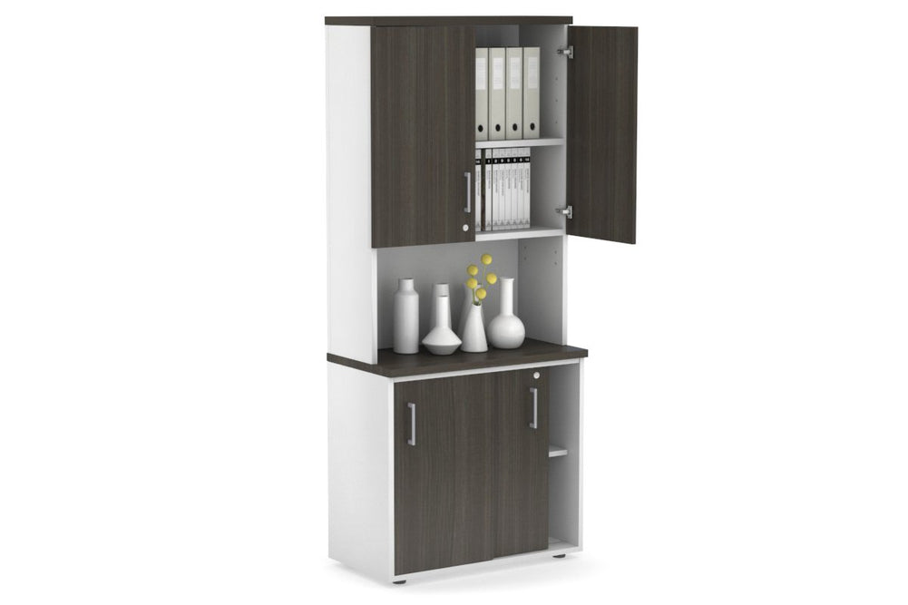 Uniform Sliding Door Credenza - Hutch with Doors [800W x 750H x 450D]-White dark oak silver handle