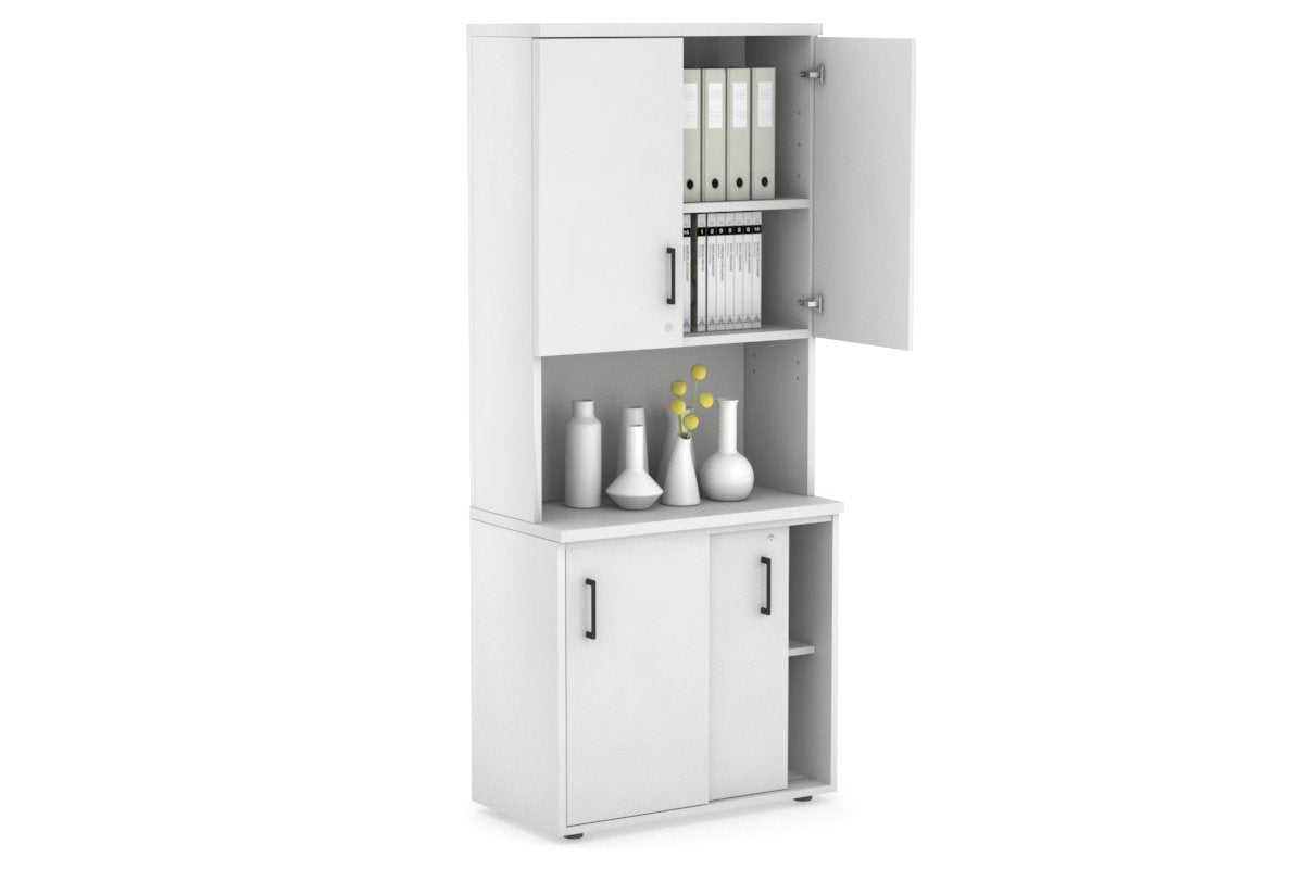 Uniform Sliding Door Credenza - Hutch with Doors [800W x 750H x 450D] Jasonl White white black handle