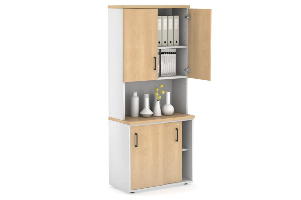 Uniform Sliding Door Credenza - Hutch with Doors [800W x 750H x 450D]-White maple black handle