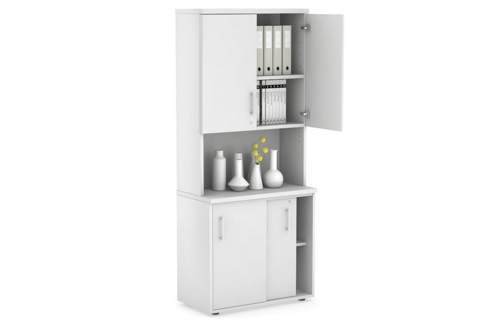 Uniform Sliding Door Credenza - Hutch with Doors [800W x 750H x 450D]-White white white handle