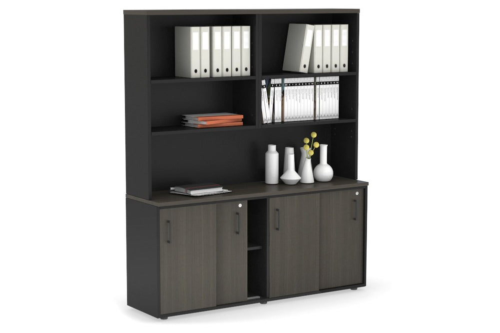 Uniform Sliding Door Credenza with Open Hutch [1600W x 750H x 450D]-Black dark oak black handle