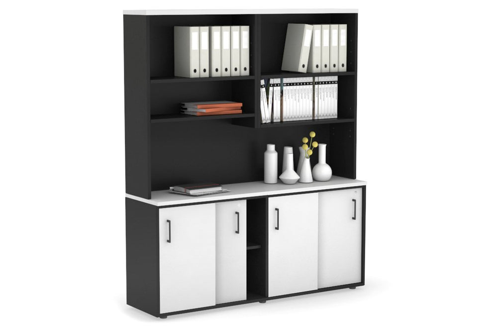 Uniform Sliding Door Credenza with Open Hutch [1600W x 750H x 450D]-Black dark oak black handle