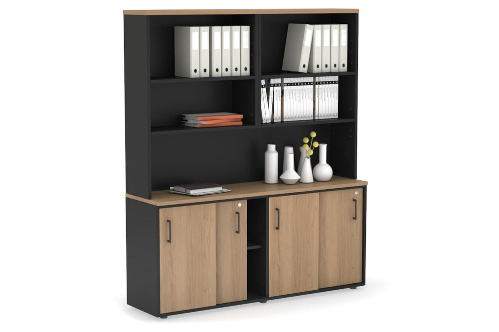Uniform Sliding Door Credenza with Open Hutch [1600W x 750H x 450D]-Black salvage oak black handle