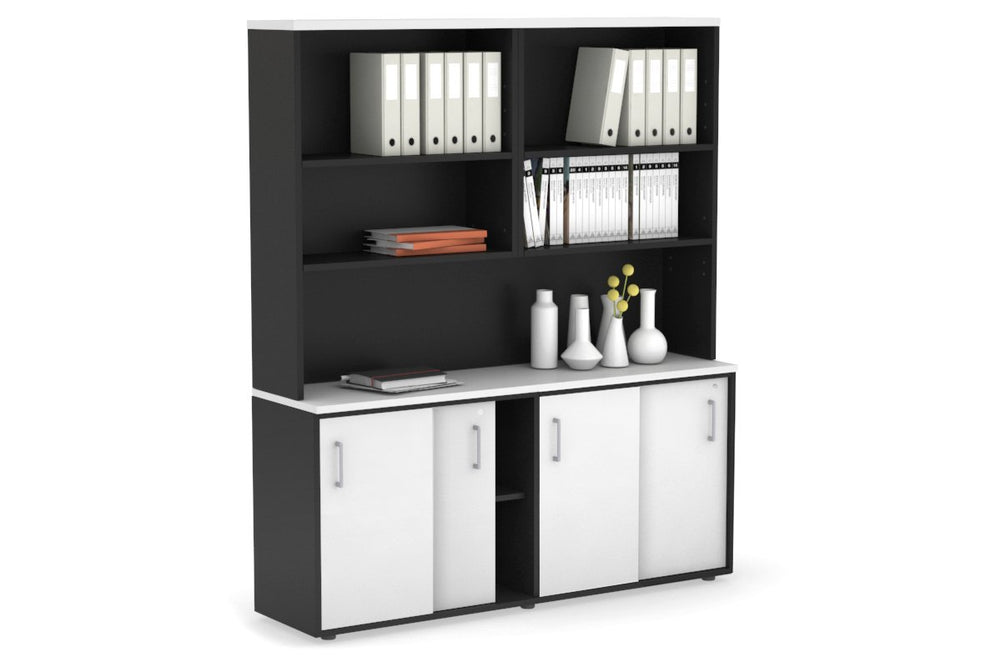 Uniform Sliding Door Credenza with Open Hutch [1600W x 750H x 450D]-Black white silver handle