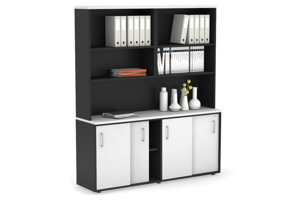 Uniform Sliding Door Credenza with Open Hutch [1600W x 750H x 450D] Jasonl Black white silver handle