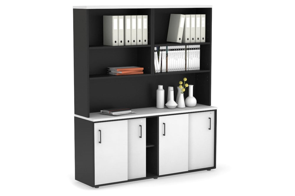 Uniform Sliding Door Credenza with Open Hutch [1600W x 750H x 450D]-Black white black handle